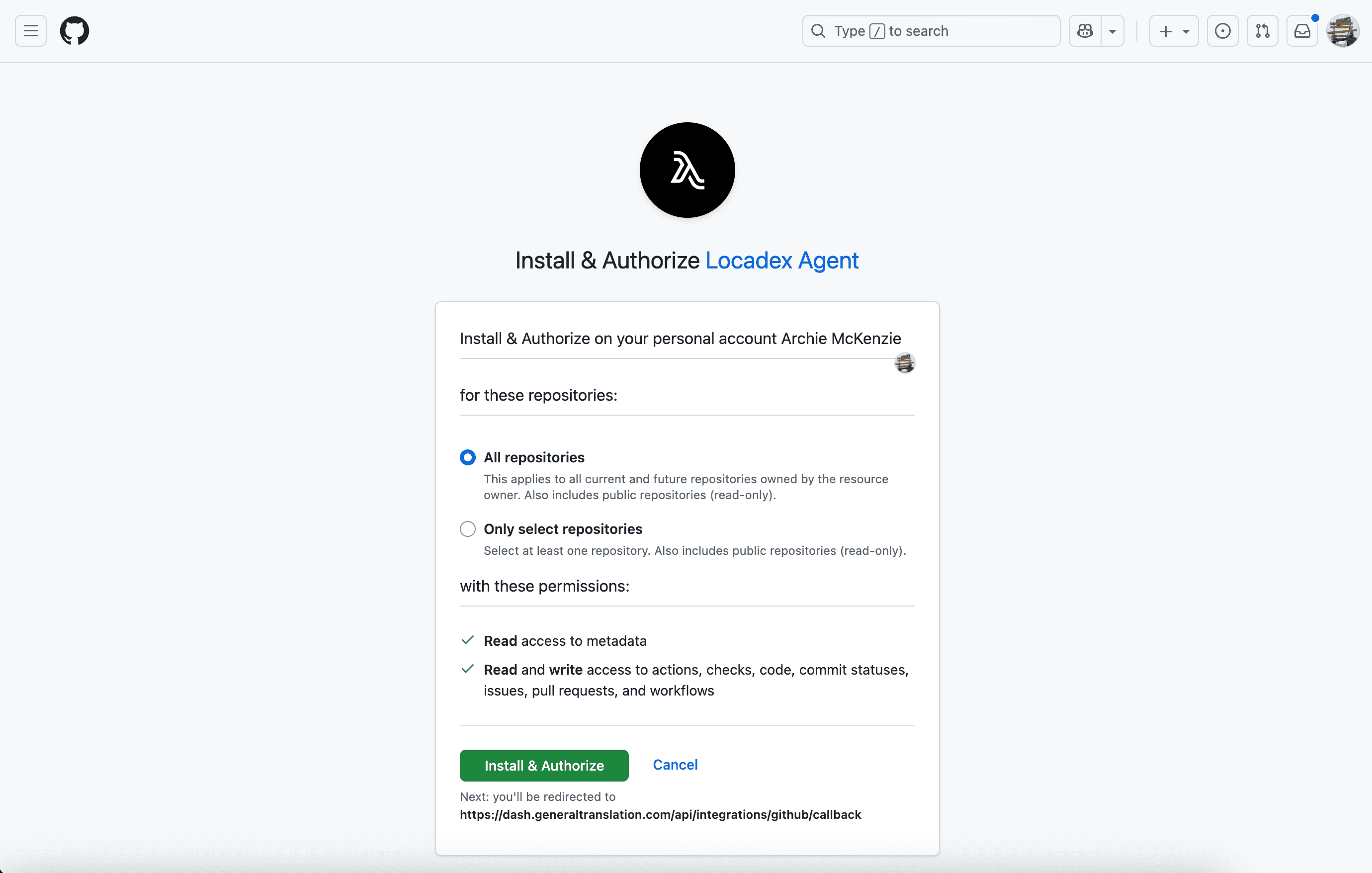 Installation screen for Locadex