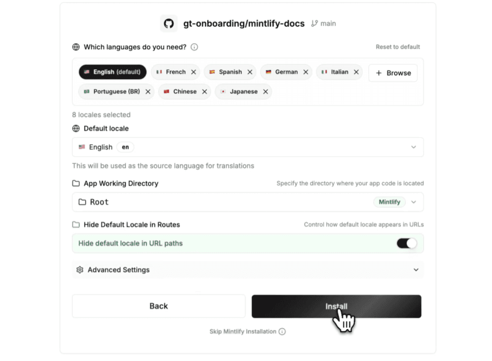 Installation screen for Locadex