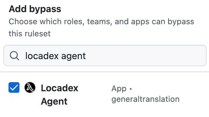 Add Bypass button with "Locadex Agent selected"