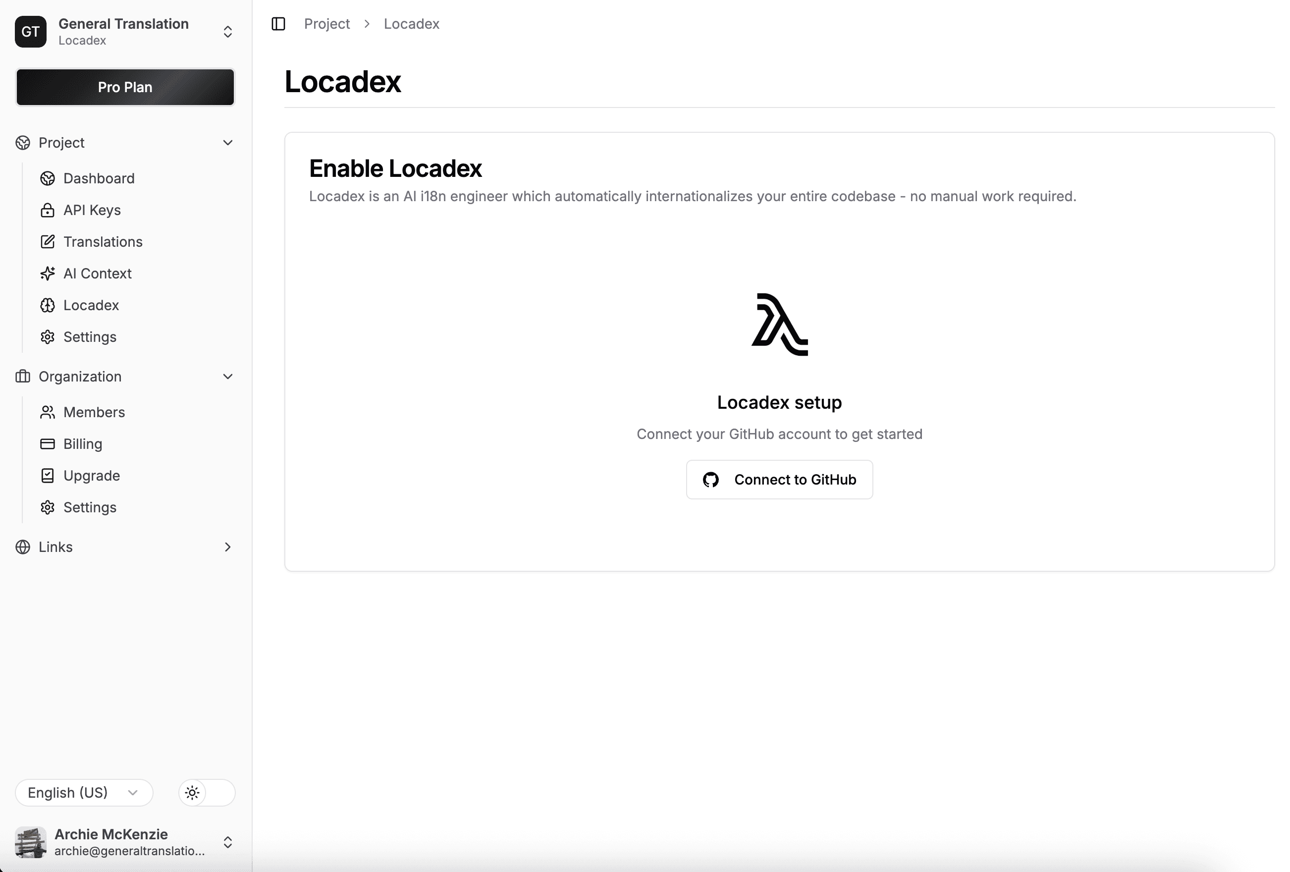 Installation screen for Locadex